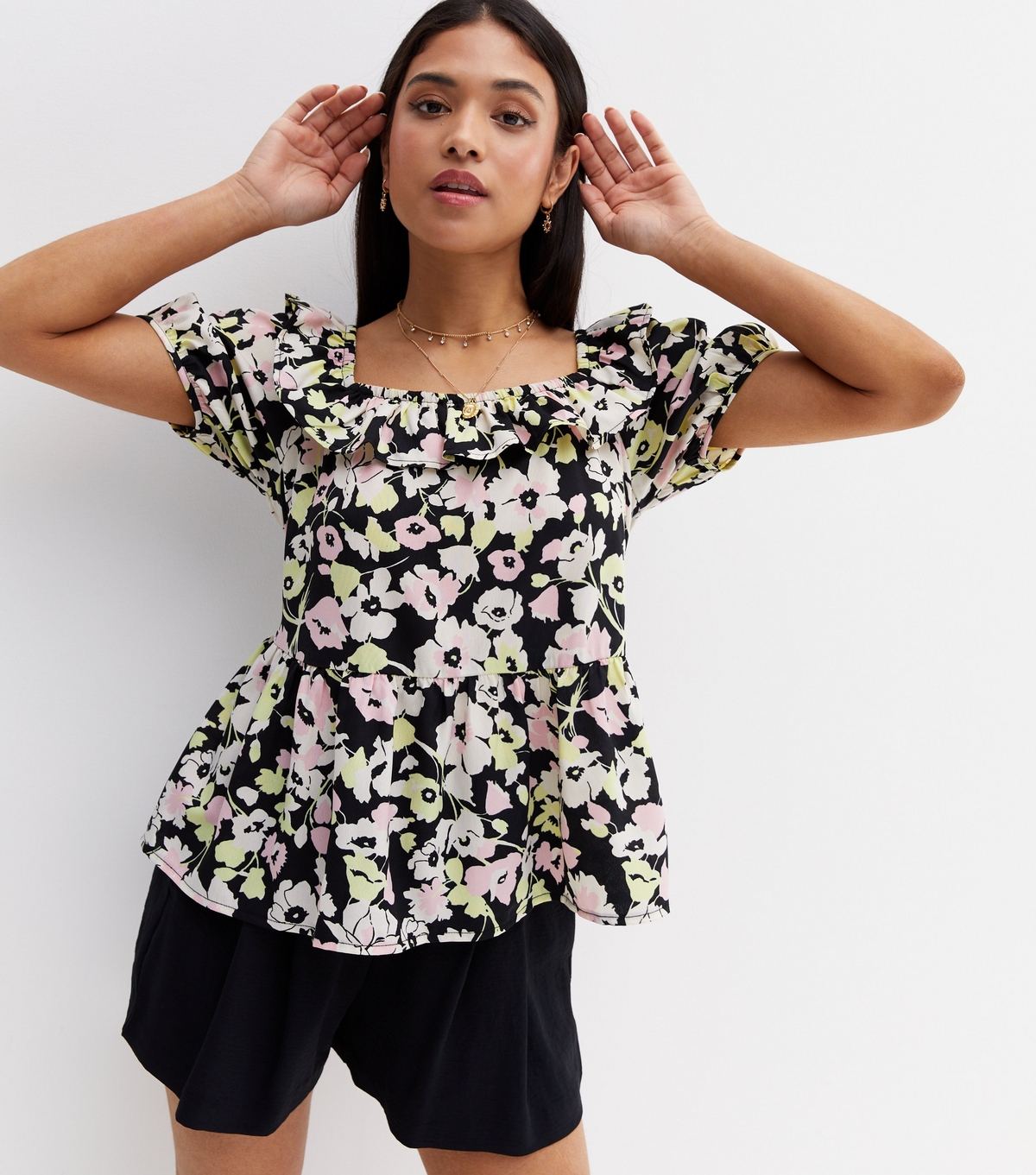 Women's Petite Black Floral Crepe Frill Square Neck Peplum Blouse New Look