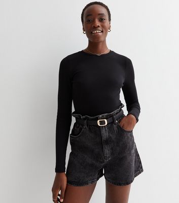 Tall Black Denim Belted High Waist Shorts New Look