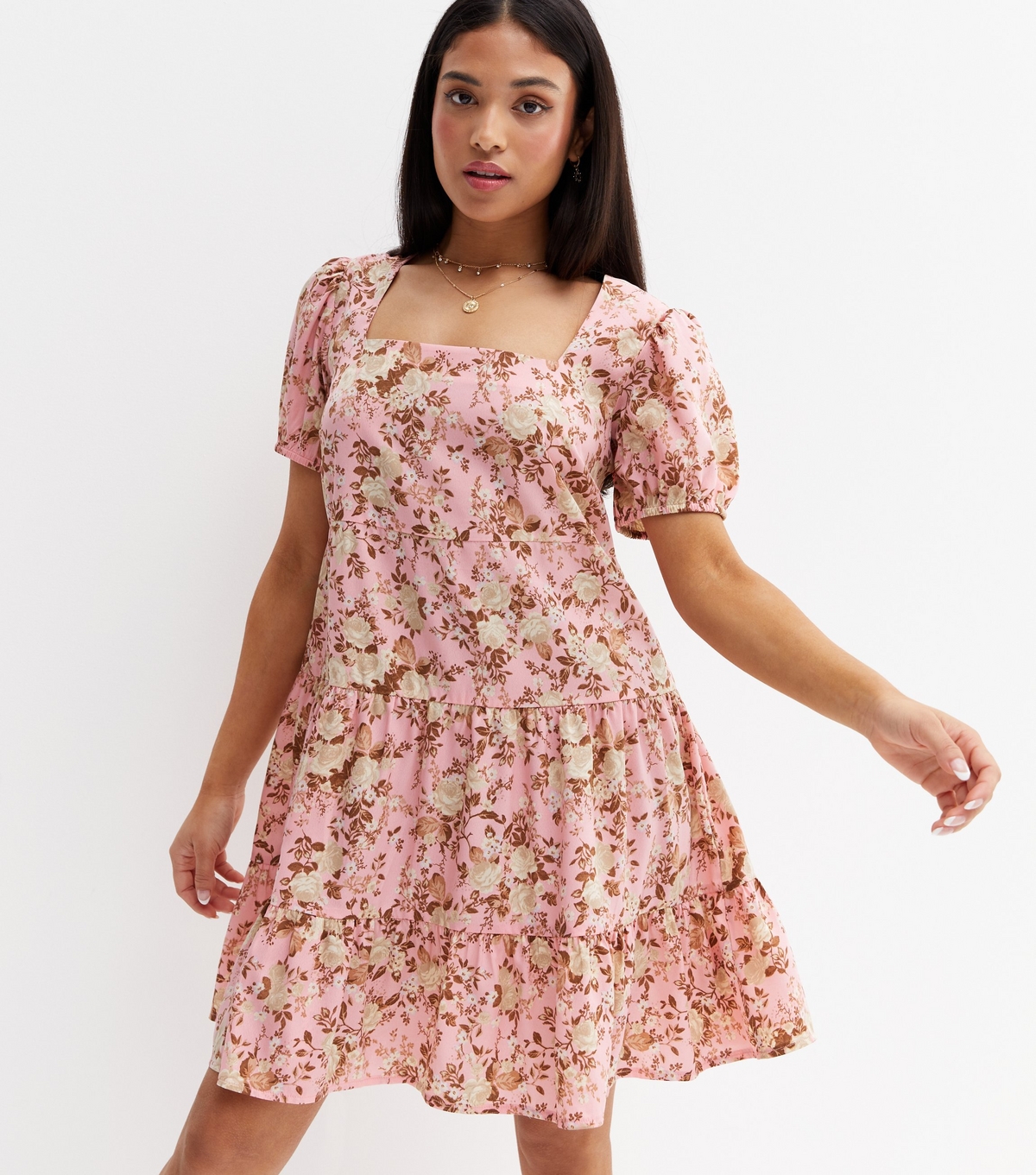 Women's Petite Pink Floral Crepe Tiered Mini Smock Dress New Look