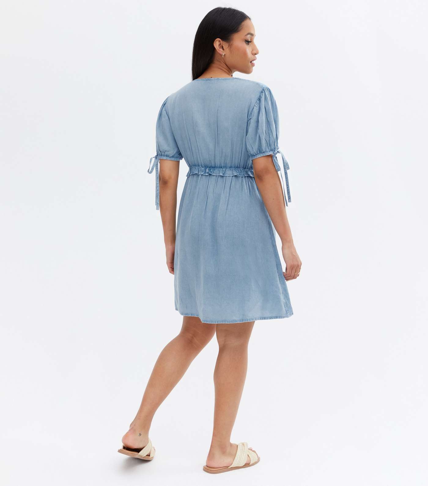 Petite Pale Blue Denim V Neck Puff Sleeve Mini Dress Image 4