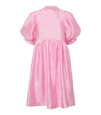 Pieces Mid Pink Satin Puff Sleeve Mini Dress New Look