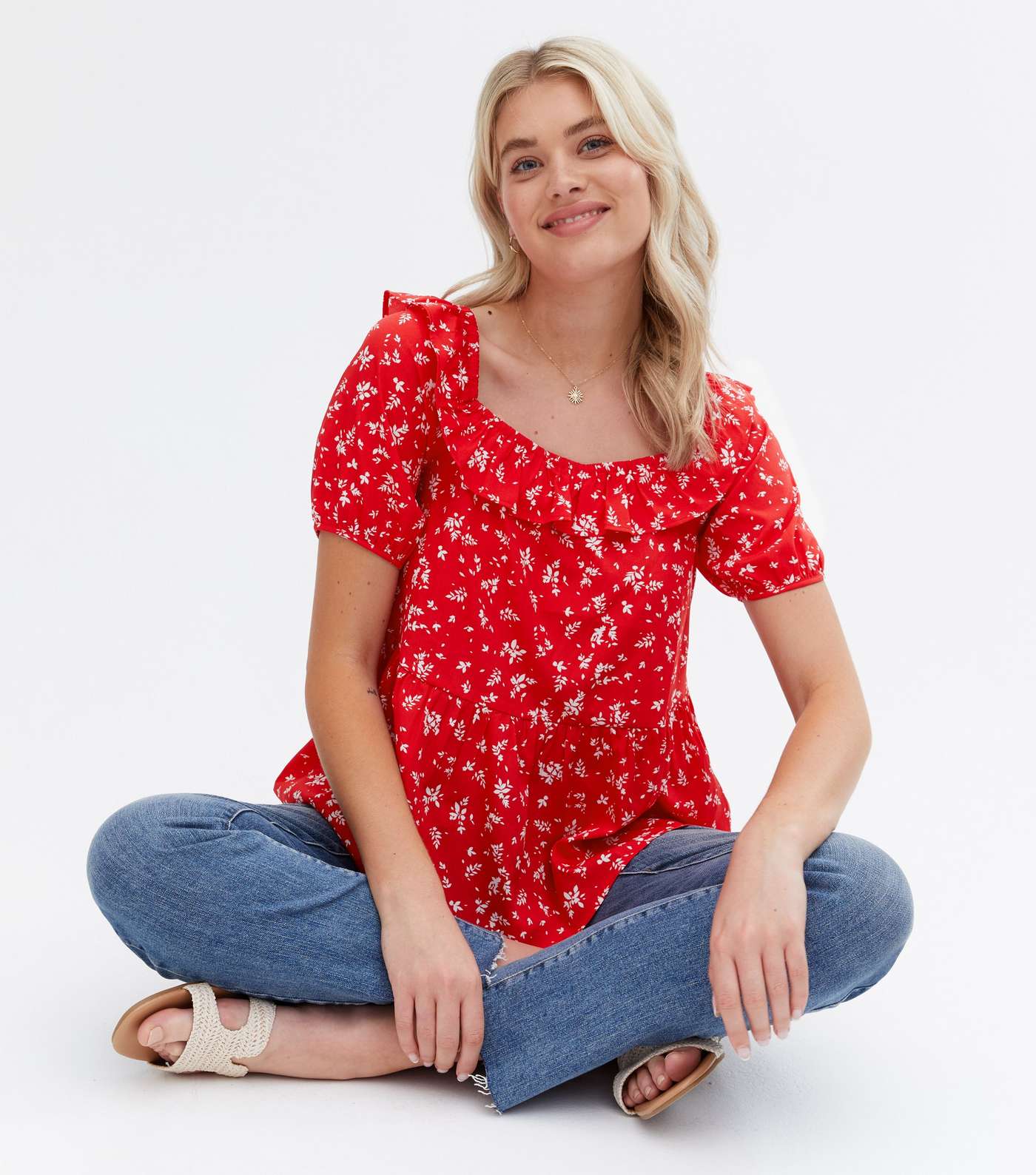 Tall Red Floral Crepe Frill Square Neck Peplum Blouse