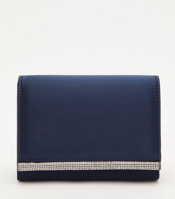 QUIZ Navy Satin Diamant Trim Clutch Bag New Look