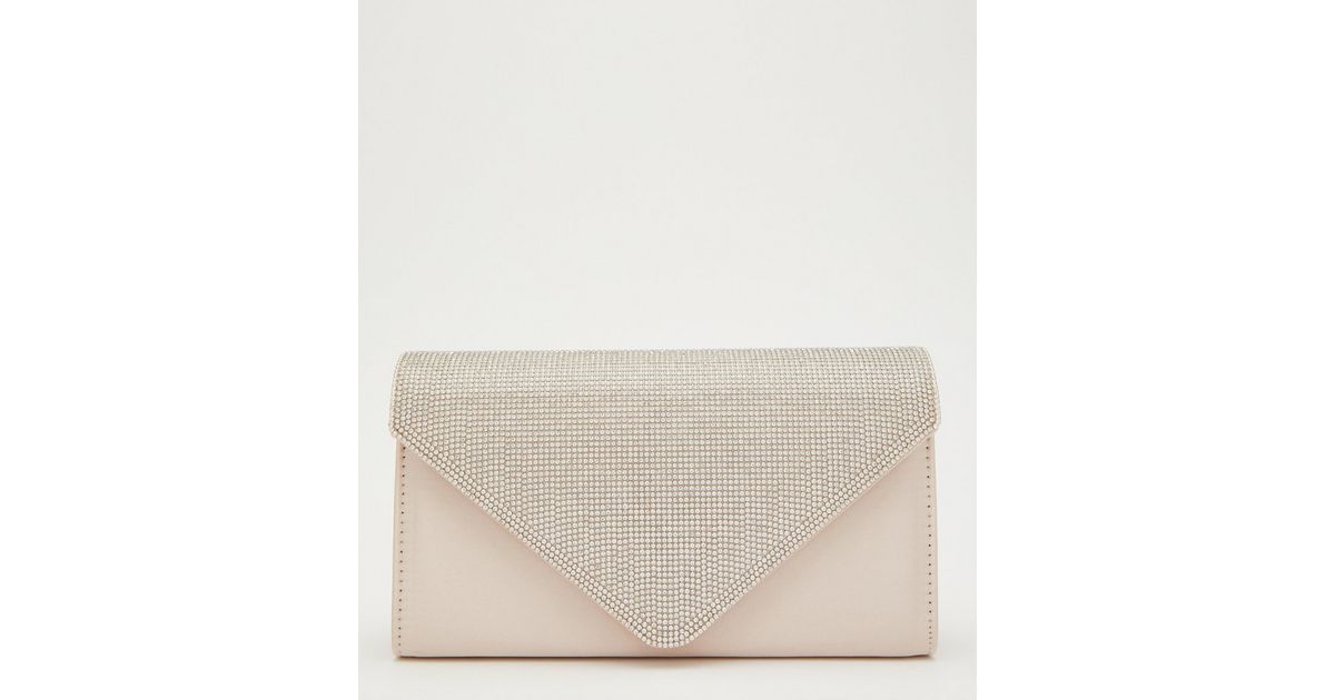 QUIZ Pale Pink Satin Diamanté Clutch Bag New Look