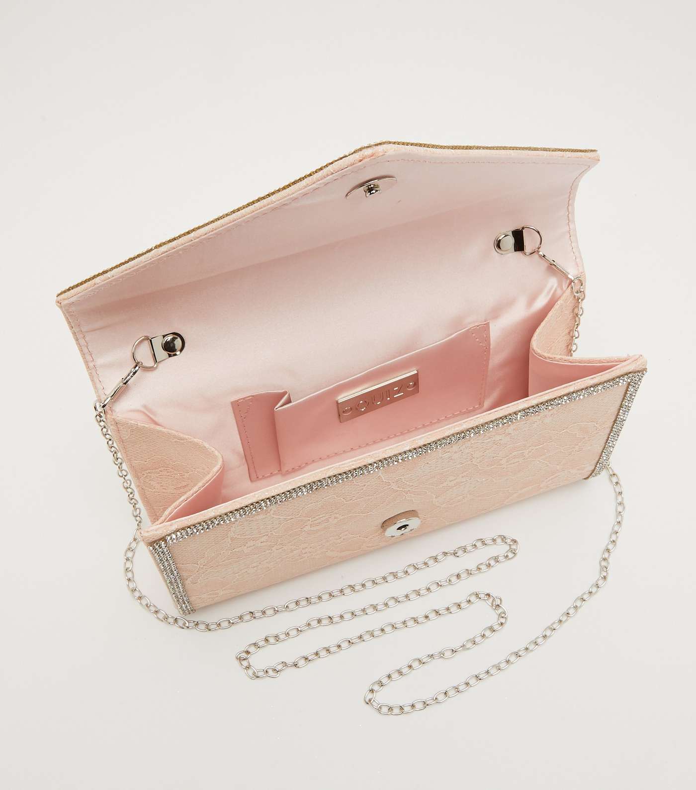 QUIZ Pink Lace Diamanté Trim Clutch Bag Image 2