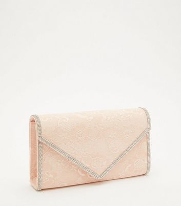shop for QUIZ Pink Lace Diamanté Trim Clutch Bag New Look at Shopo