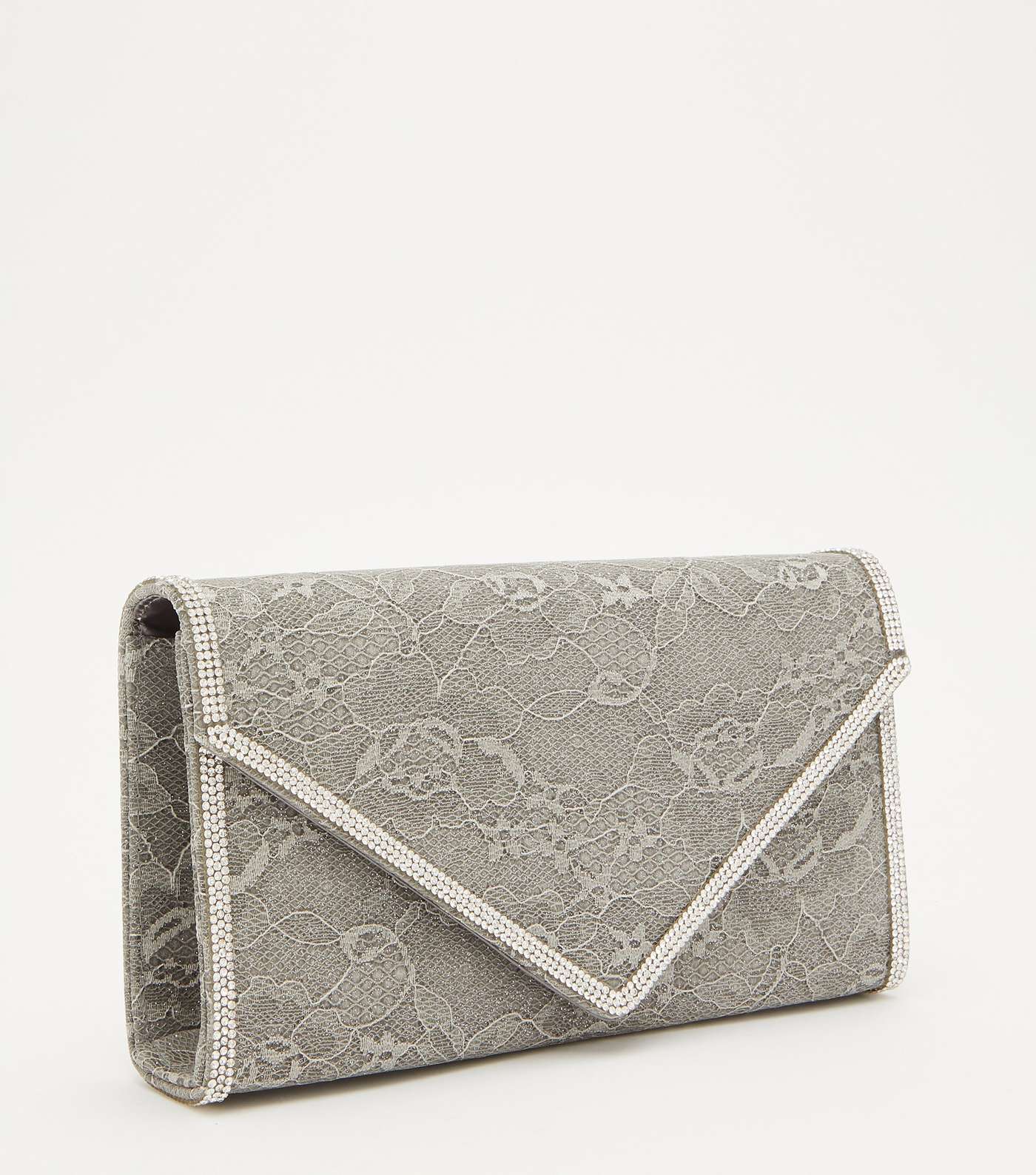 QUIZ Grey Lace Diamanté Clutch Bag Image 4