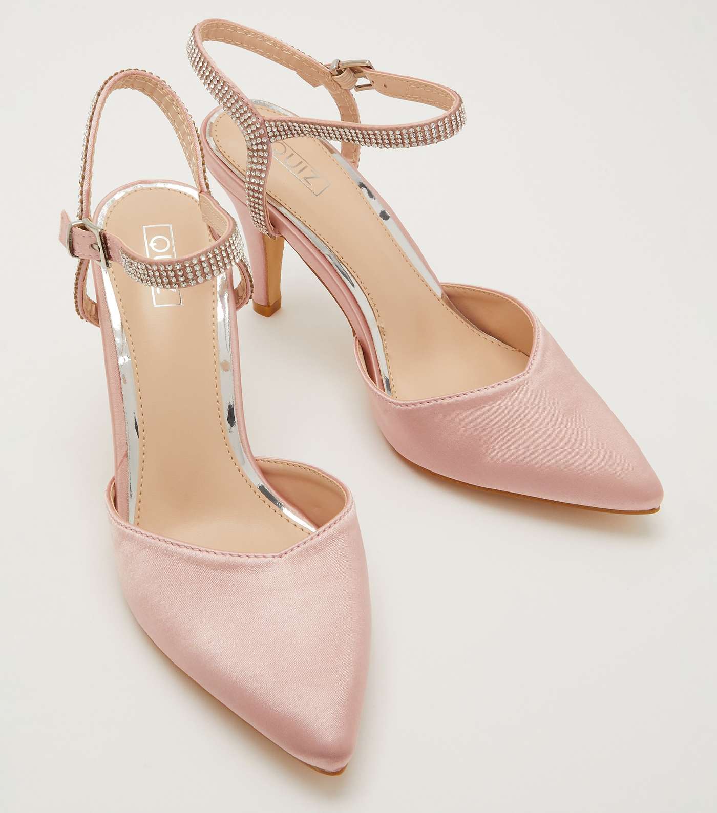 QUIZ Pink Satin Diamanté Pointed Court Shoes Image 2