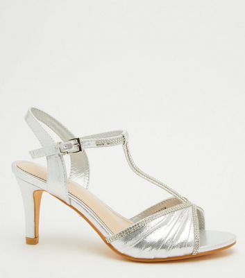 QUIZ Silver Metallic Diamant Mid Heel Sandals New Look