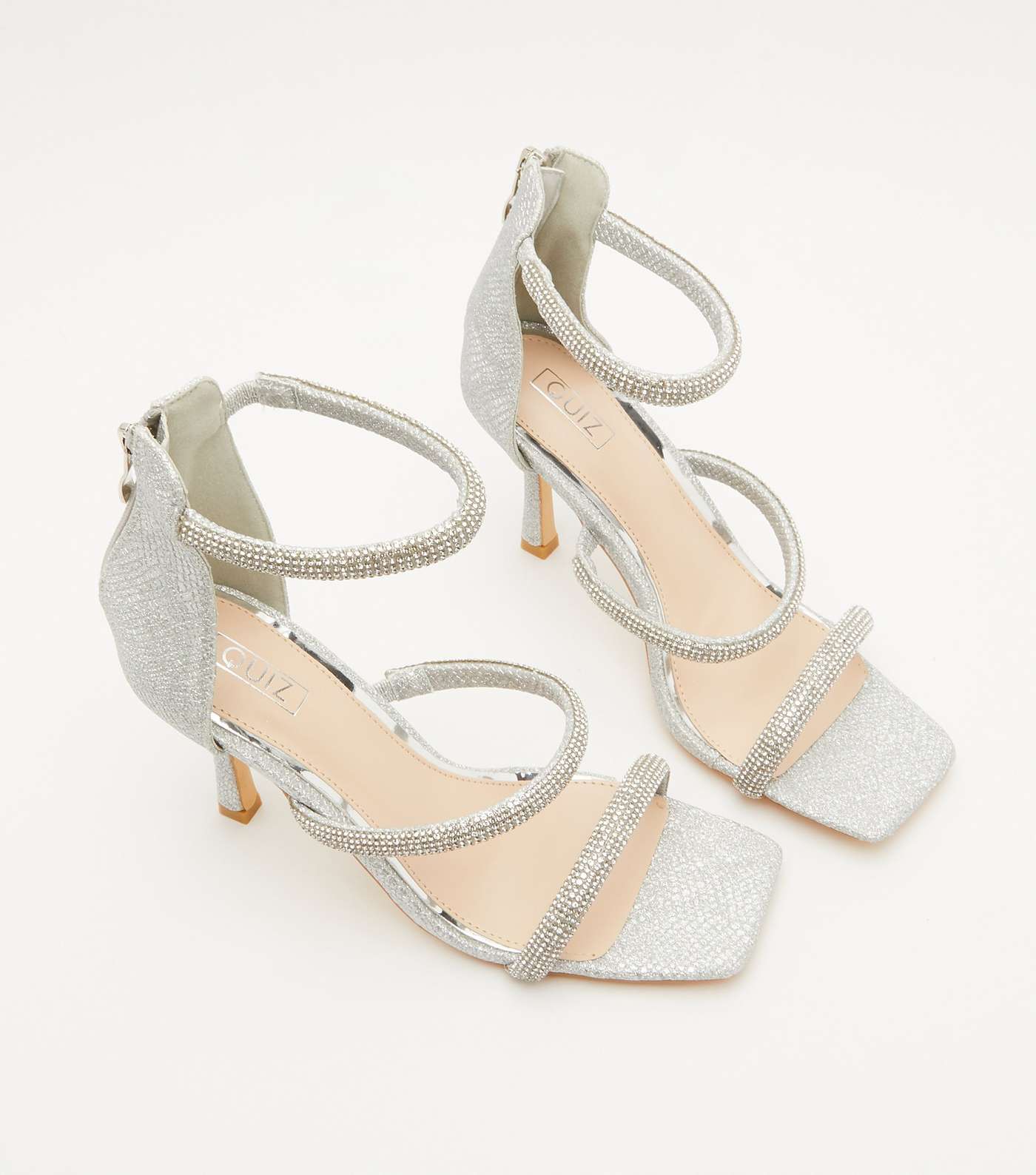 QUIZ Silver Diamanté Strappy Stiletto Heel Sandals Image 2