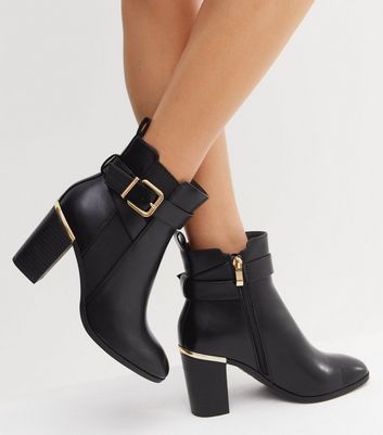 Black Buckle Block Heel Ankle Boots New Look