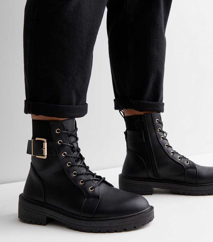 Black Buckle Lace Up Chunky Biker Boots