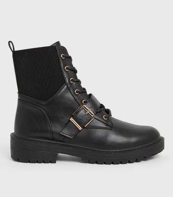 Wide Fit Black Buckle Chunky Biker Boots
