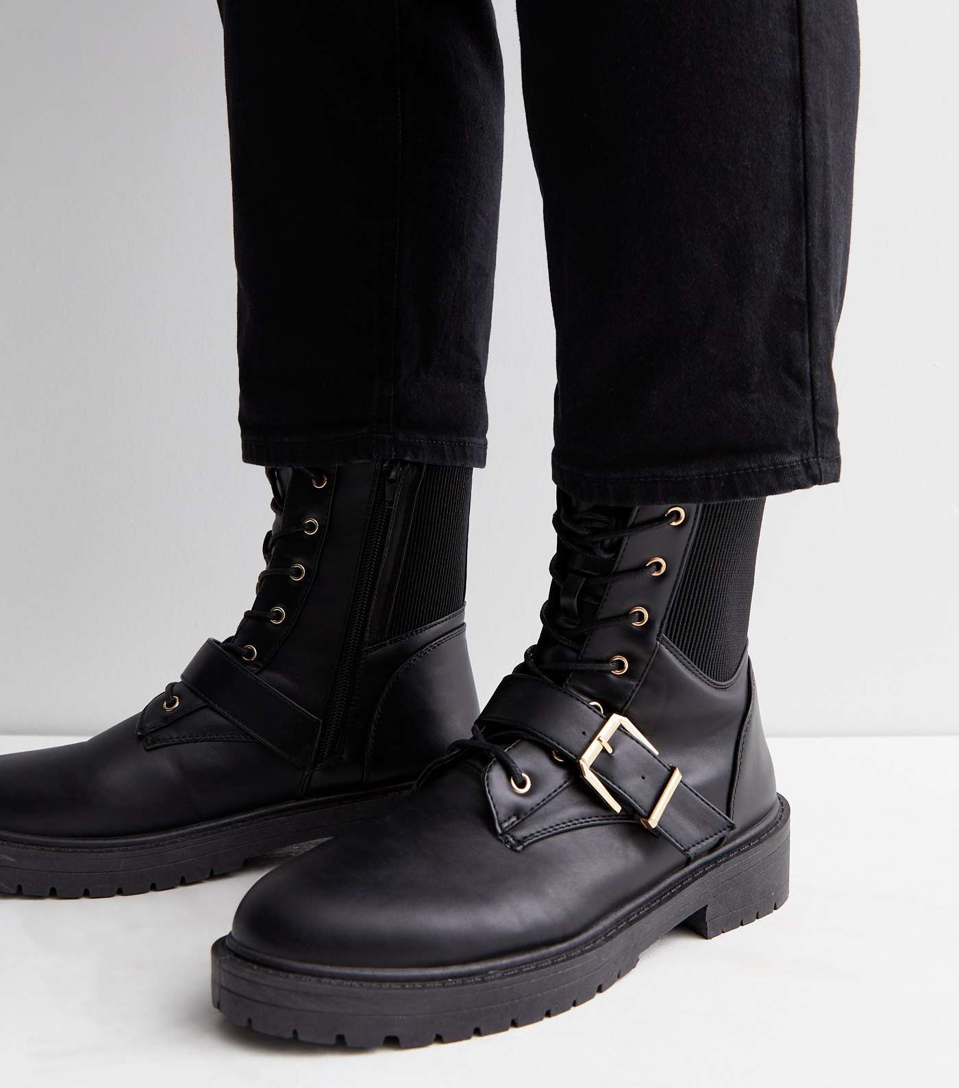 Wide Fit Black Buckle Chunky Biker Boots Image 2