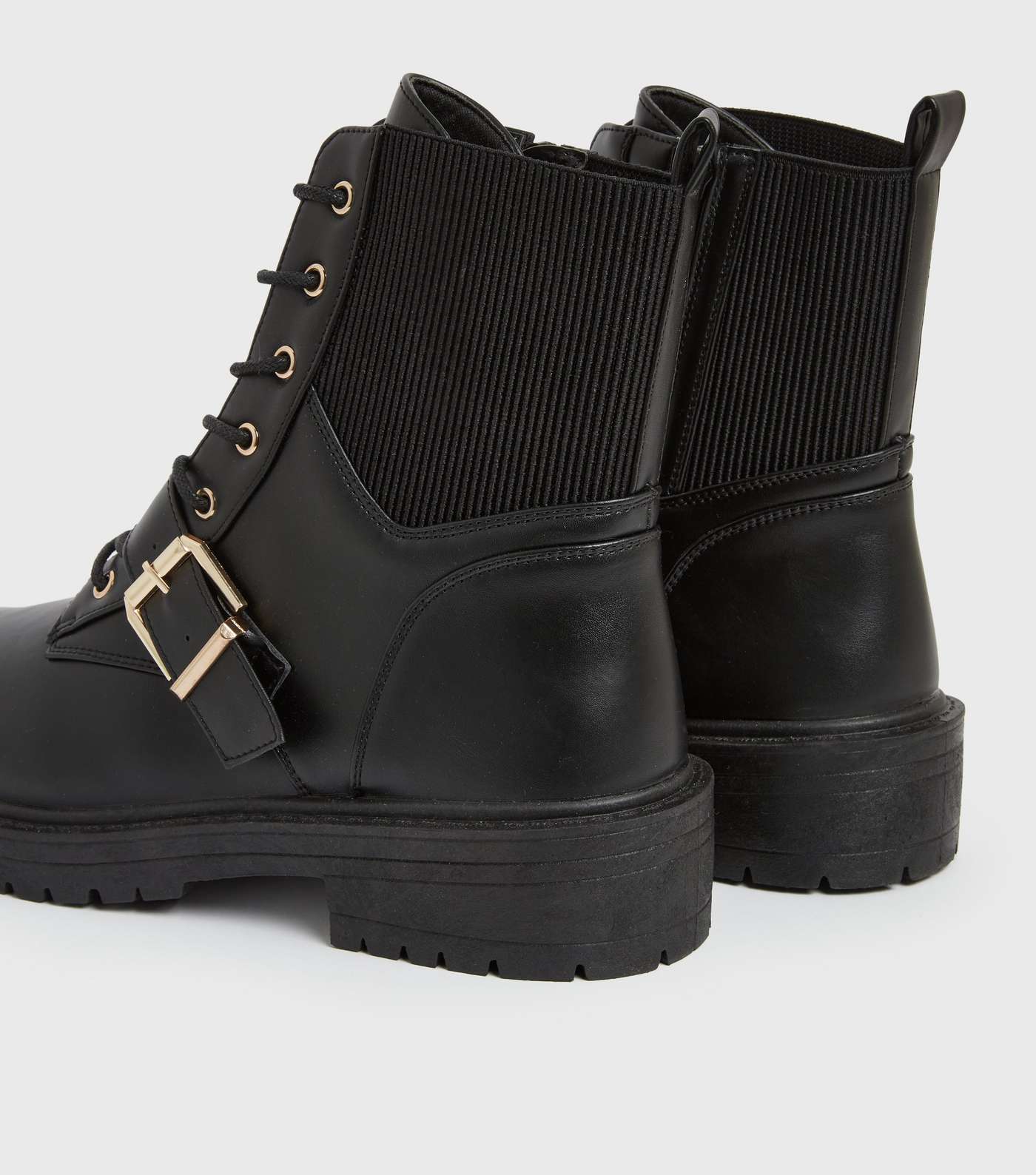 Wide Fit Black Buckle Chunky Biker Boots Image 4