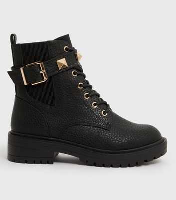 Wide Fit Black Studded Chunky Biker Boots