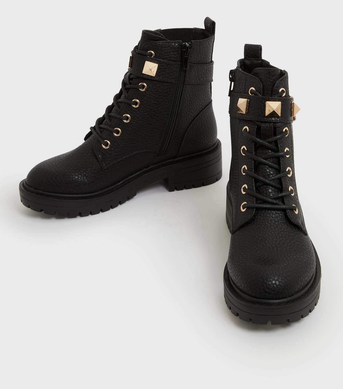 Wide Fit Black Studded Chunky Biker Boots Image 3