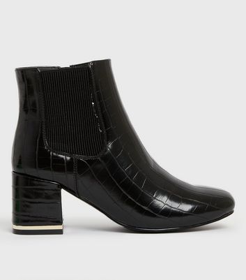 Black Faux Croc Block Heel Ankle Boots New Look Vegan