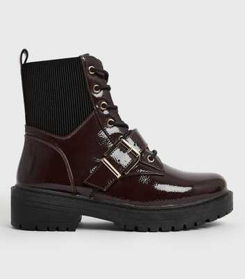 Wide Fit Dark Red Patent Chunky Biker Boots
