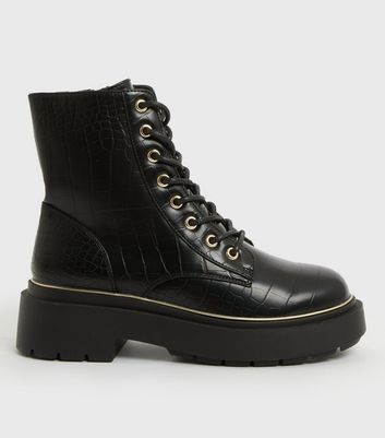 Black Faux Croc Chunky Lace Up Boots New Look