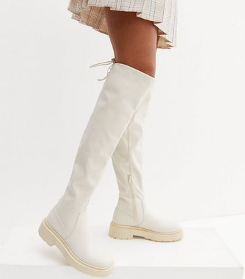 Off White Stretch Over the Knee Chunky Boots New Look