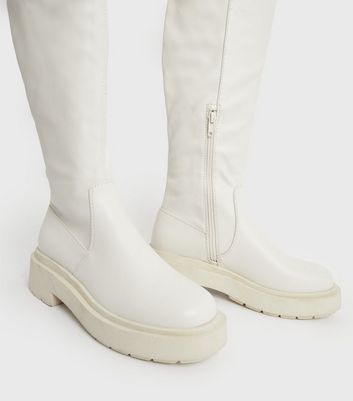 Off White Stretch Over the Knee Chunky Boots New Look