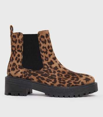 Brown Leopard Print Suedette Chunky Chelsea Boots