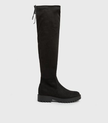 Black Suedette Over the Knee Stretch Chunky Boots