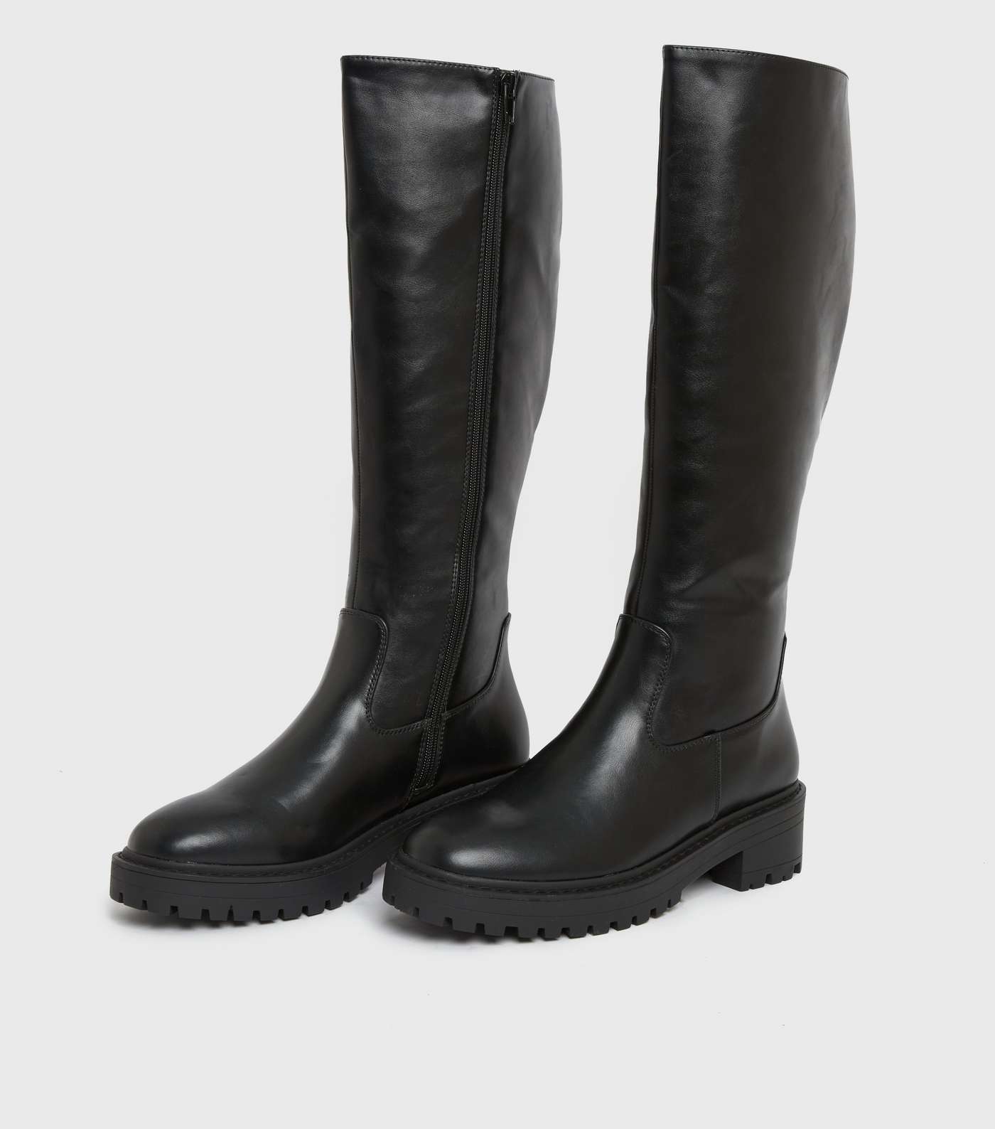 Black Leather-Look Knee High Chunky Boots Image 3