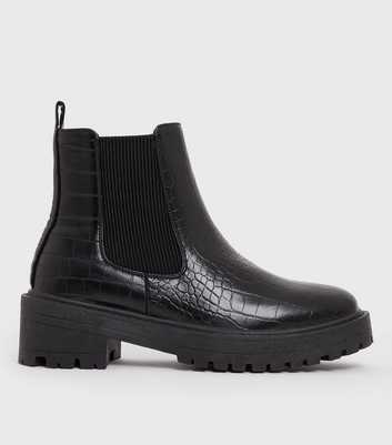 Black Faux Croc Chunky Cleated Chelsea Boots
