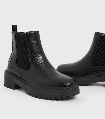 Black Faux Croc Chunky Cleated Chelsea Boots New Look Vegan