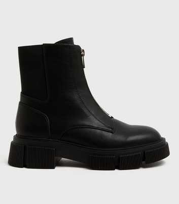 Black Zip Up Chunky Cleated Ankle Boots