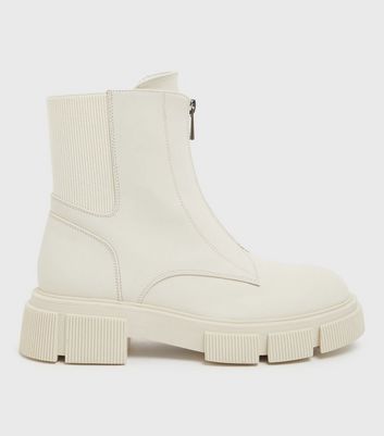 Off White Zip Up Chunky Cleated Ankle Boots | New Look