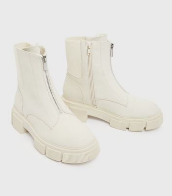 Off White Zip Up Chunky Cleated Ankle Boots | New Look