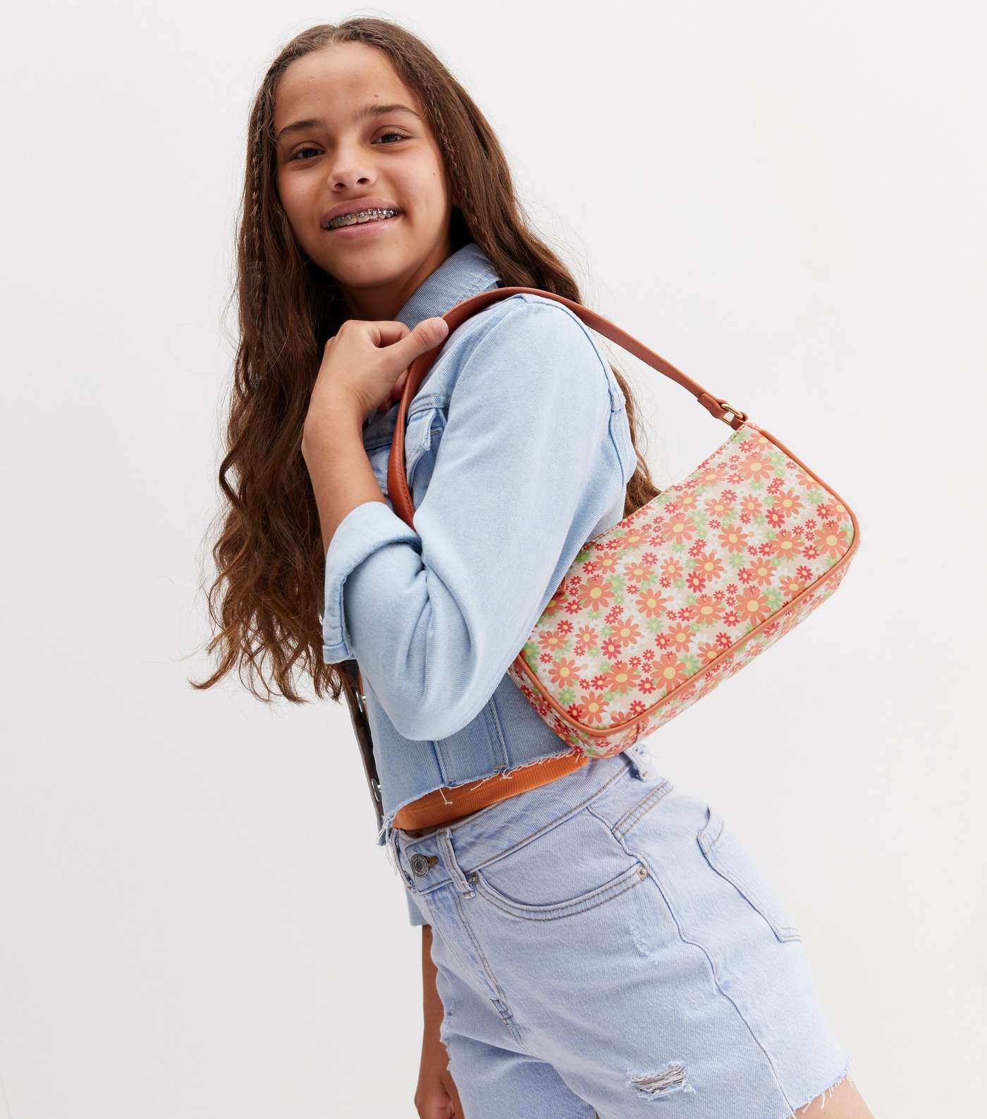 Girls Orange Floral Mini Shoulder Bag Image 2
