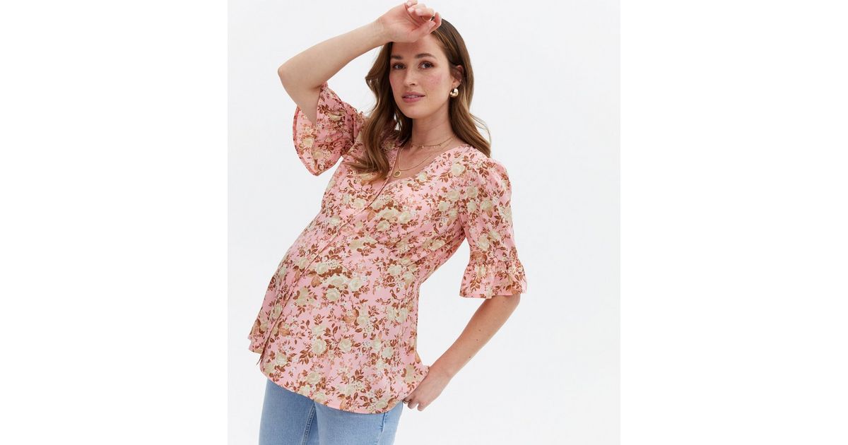 Maternity Pink Floral Crepe Button Blouse | New Look