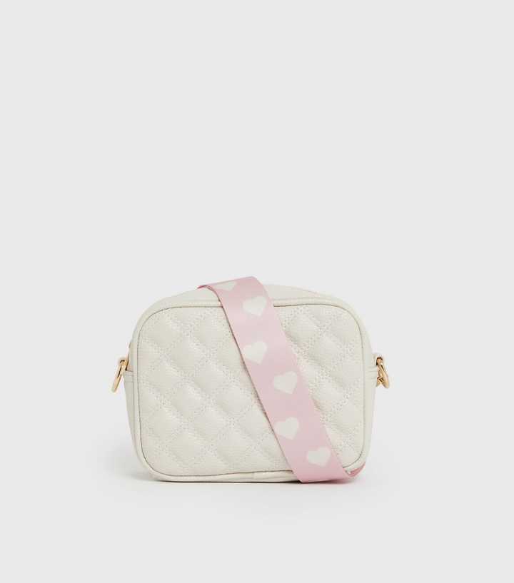 Cream Quilted Heart Strap Cross Body Bag