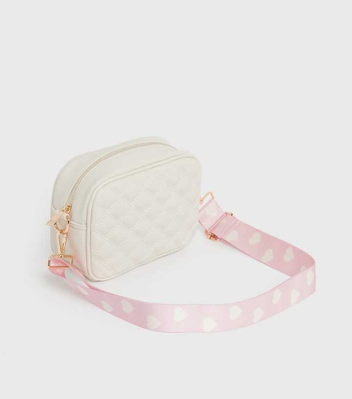 Cream Quilted Heart Strap Cross Body Bag