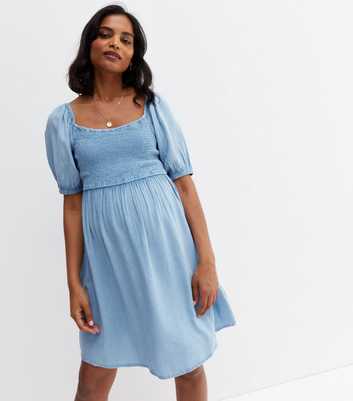 Maternity Pale Blue Denim Shirred Puff Sleeve Mini Dress