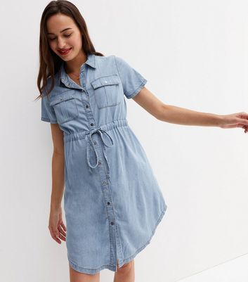 Tall Blue Lightweight Denim Drawstring Mini Shirt Dress | New Look