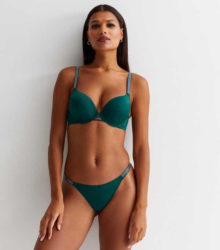 Dark Green Diamanté Strap Thong