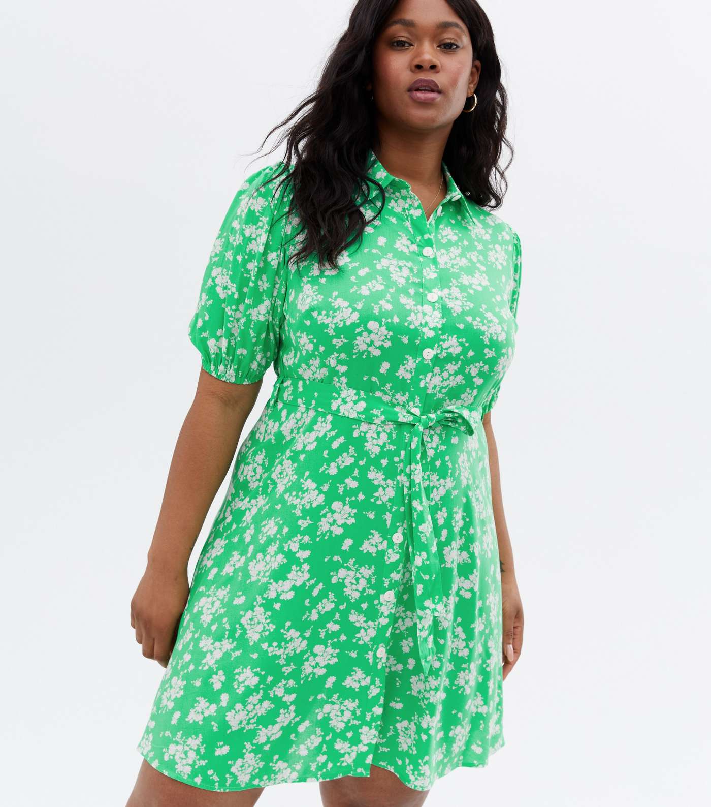 Curves Green Floral Puff Sleeve Mini Shirt Dress Image 2
