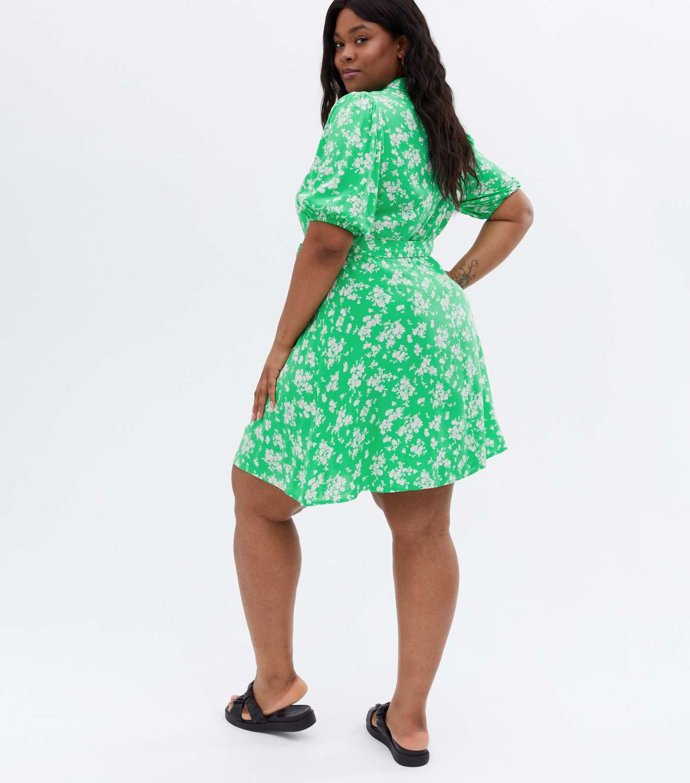 Curves Green Floral Puff Sleeve Mini Shirt Dress Image 4