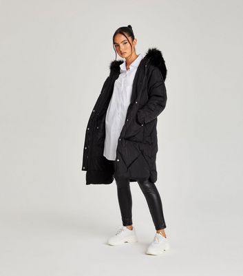 Urban Bliss Women's Black Quilted Faux Fur Hooded Puffer Parka Jacket New Look - UK 8