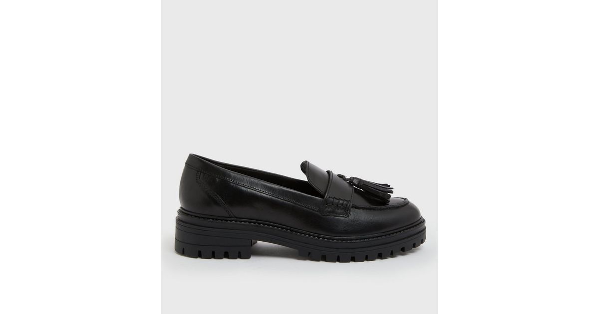 Black Leather Tassel Chunky Loafers New Look
