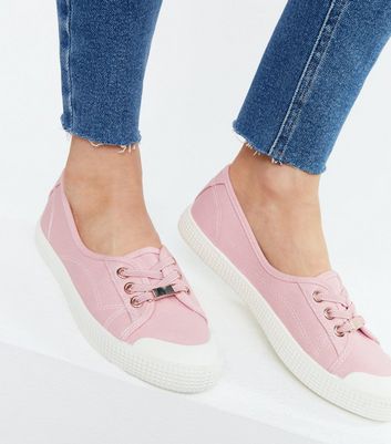 Click to view product details and reviews for Pale Pink Canvas Metal Trim Lace Up Trainers New Look Vegan.