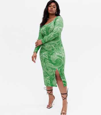 Vero Moda Curves Green Swirl Ribbed Midi Dress