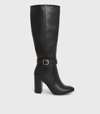 Black Leather Look Knee High Block Heel Boots