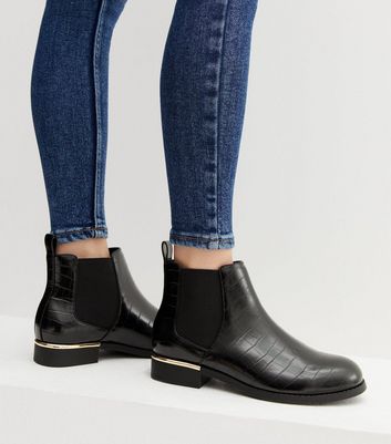 black faux croc metal trim chunky chelsea boots