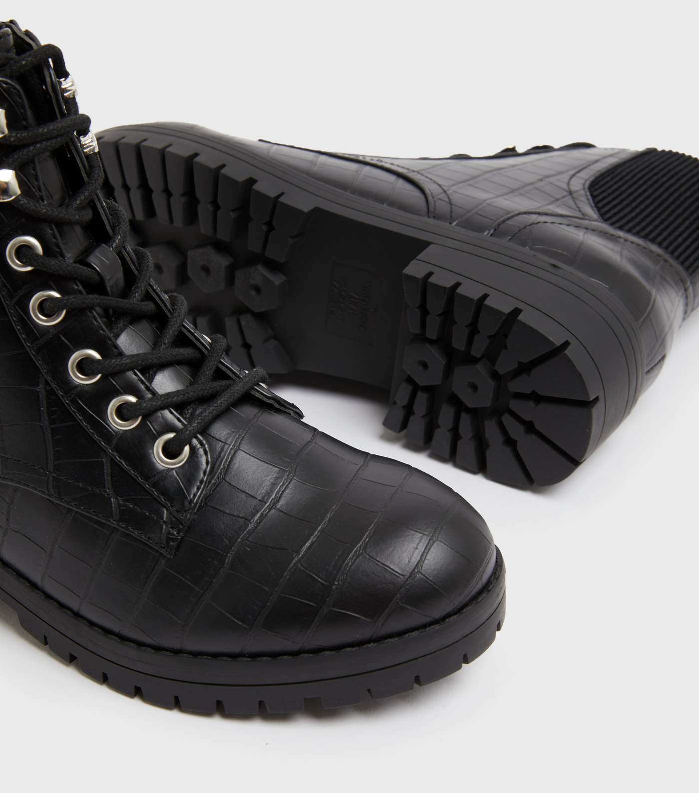 Wide Fit Black Faux Croc Lace Up Chunky Boots Image 4